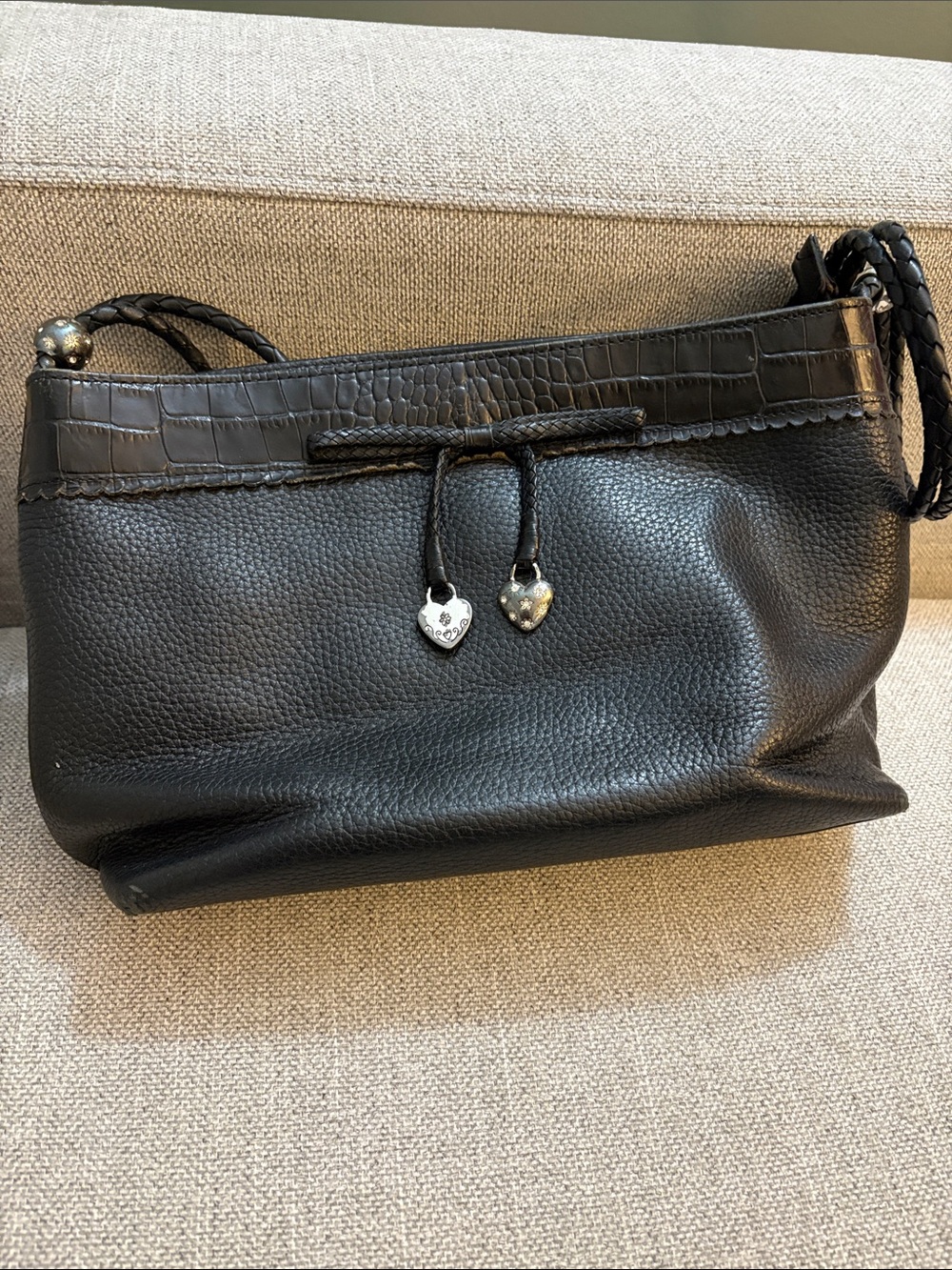 Brighton Black Pebbled Leather Shoulder Bag with Heart Charms
